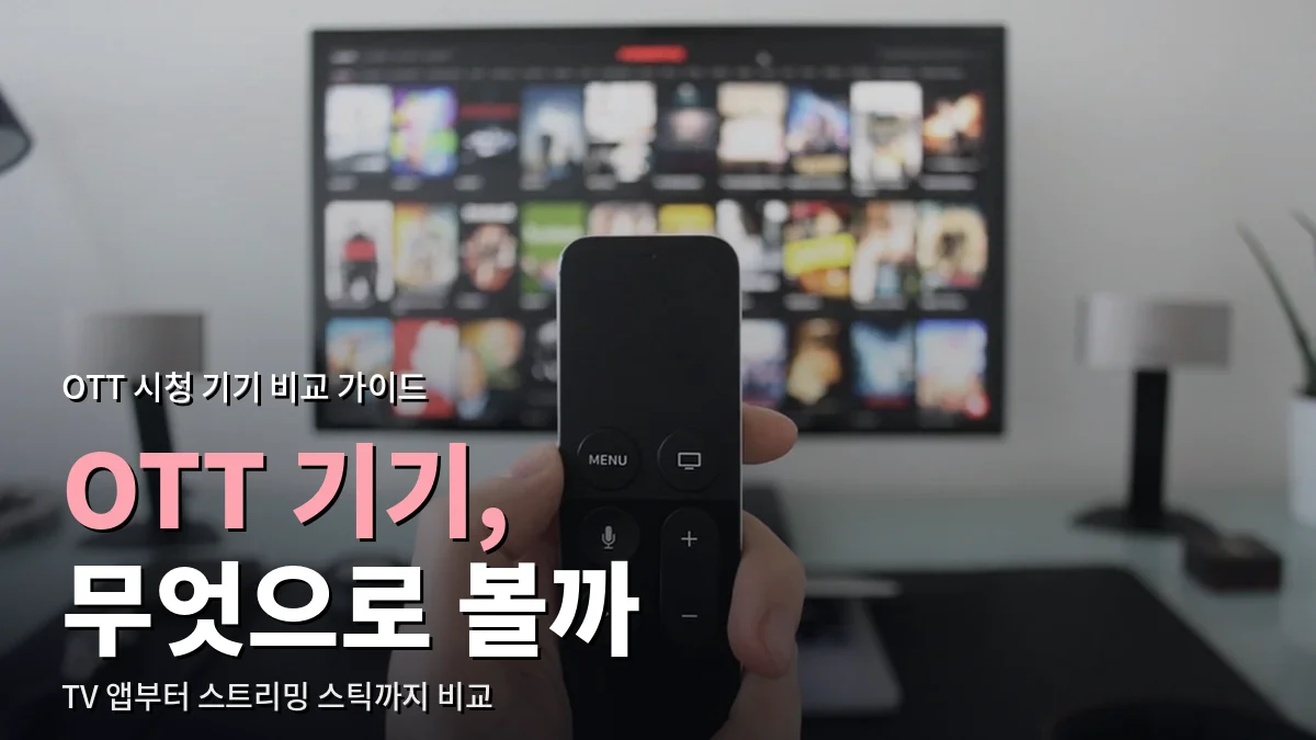 OTT 작품 목록이 보이는 TV 앞에서 리모컨을 든 손